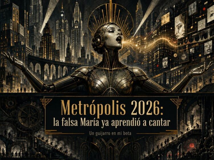 Metrópolis (“La falsa María aprendió a cantar”. Imagen diseñada por Iris Bringas, generada a través de I.A.)