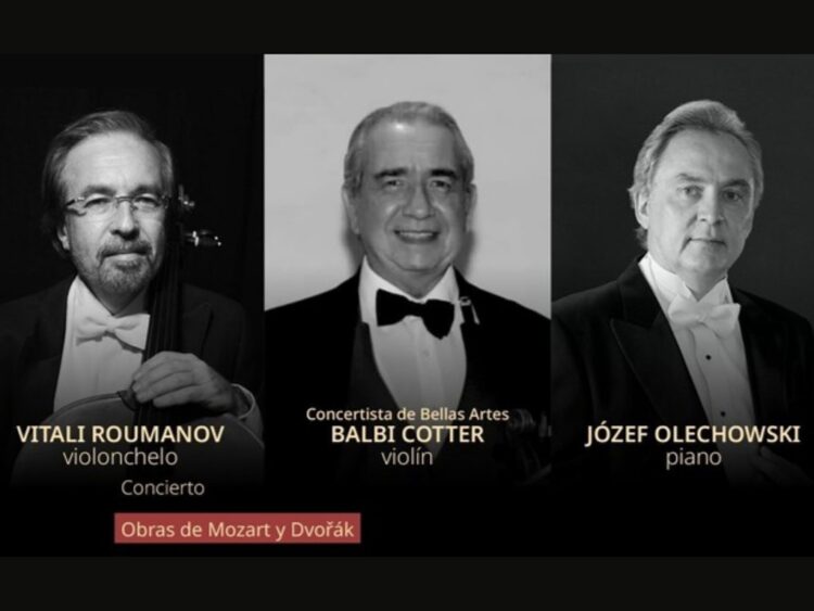 Los Concertistas de Bellas Artes Balbi Cotter, Vitali Roumanov y Józef Olechowski, quienes ofrecerán un concierto con obras de Mozart y Dvořák en el MUNAL.