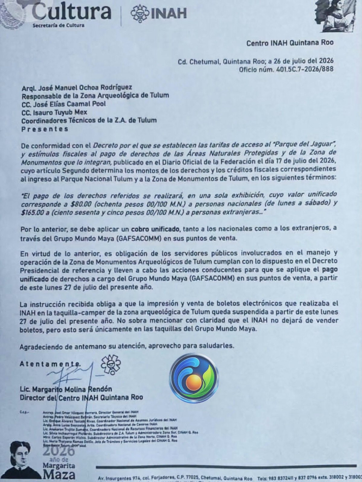El director del Centro INAH Quintana Roo, Margarito Molina Rendón dirigió un oficio a José Manuel Ochoa Rodríguez, responsable de la zona arqueológica. AMEXI/FOTO/ Mauricio Conde, corresponsal