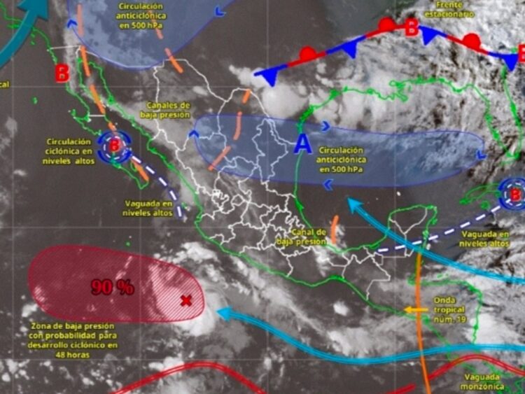 El SMN pronostica lluvias muy fuertes en 11 estados debido al monzón mexicano y mantiene bajo vigilancia una zona de baja presión con 90% de probabilidad de evolucionar a ciclón tropical frente al Pacífico central. | AMEXI/FOTO: smn.gob.mx