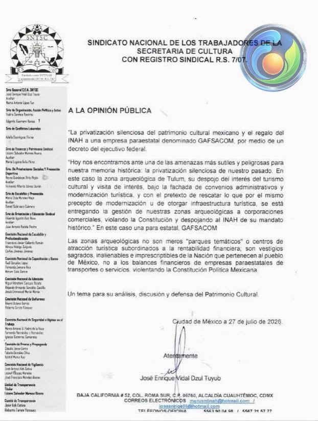En un escrito dirigido a la opinión pública, el secretario general del Sindicato, José Enrique Vidal Dzul Tuyub expone la situación en zonas arqueológicas. AMEXI/FOTO/ Mauricio Conde, corresponsal
