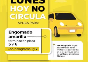El programa Hoy No Circula para este lunes 31 de agosto de 2026 restringe la circulación de los automóviles con engomado amarillo