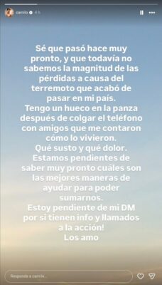 Camilo dispuesto a ayudar a afectados del terremoto que sacudió Colombia. | AMEXI/FOTO: IG @camilo