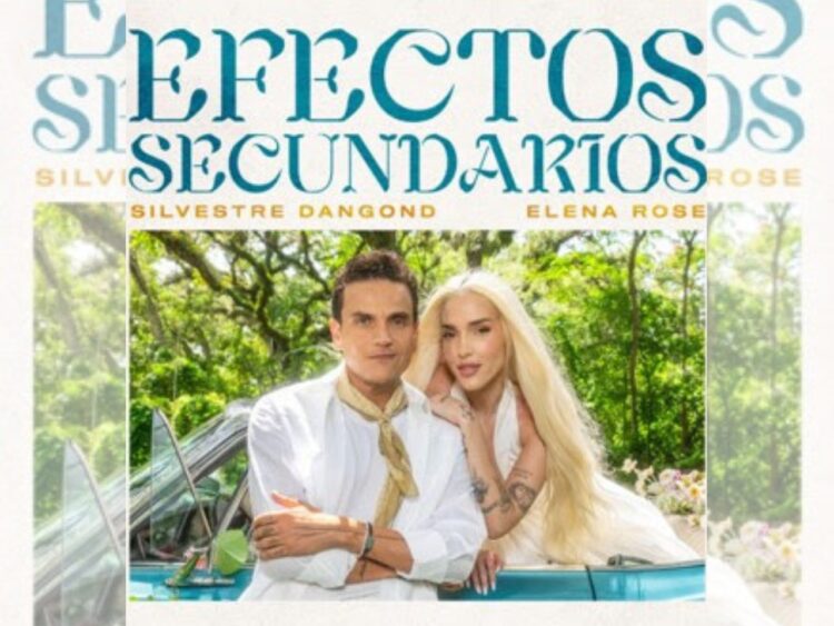 Silvestre Dangond y Elena Rose posan juntos durante la grabación del videoclip de “Efectos Secundarios”, filmado en Miami con escenarios llenos de flores y luz natural.