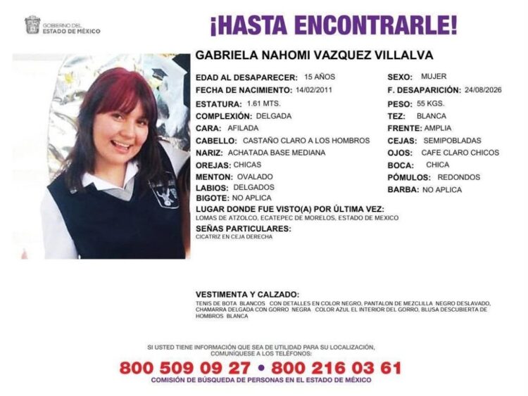 Ficha de búsqueda de Gabriela Nahomi Vázquez Villalva, desaparecida en Ecatepec.