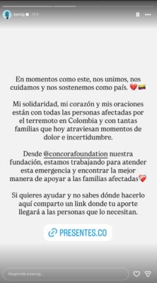 Karol G se une a la ayuda tras el terremoto en Colombia | AMEXI/FOTO: IG @karolg