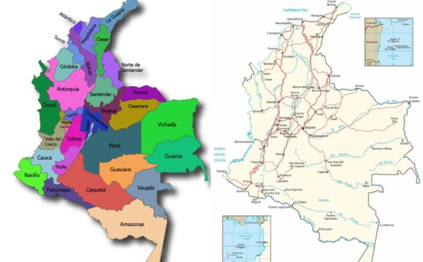 Mapas de Colombia con la división política y su red de carreteras principales.