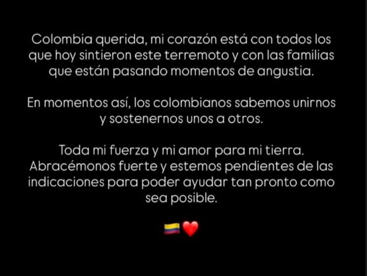 Shakira se pronuncia por el terremoto que sacudió Colombia. | AMEXI/FOTO: IG @shakira