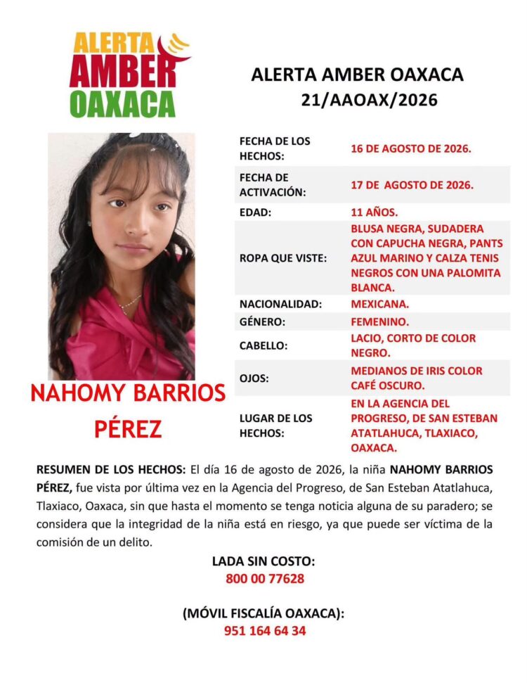 Alerta AMBER por Naomi Barrios; desapareció en San Esteban Atatlahuca