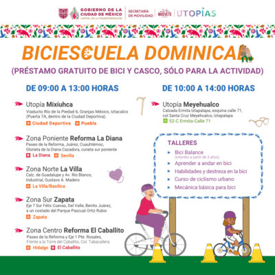 el programa Biciescuela Dominical ofrecerá préstamo gratuito de bicicletas y cascos