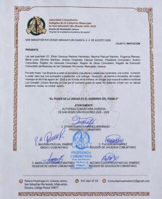 Carta dirigida al gobernador de Oaxaca, Salomón Jara, y a la Presidenta de la República, Claudia Sheinbaum, para pedir su intervención y recuperar gobernabilidad en la zona. AMEXI/FOTO/ Óscar Rodríguez, corresponsal