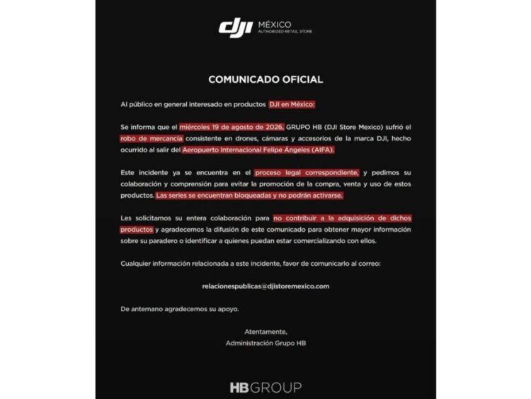 comunicado de DJI por robo de drones al salir del AIFA. AMEXI Foto X