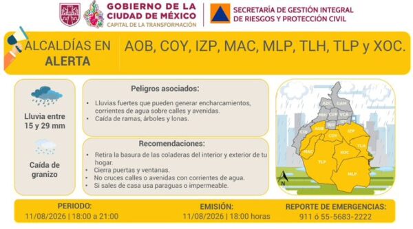 Alerta por lluvias y granizo en ocho alcaldías