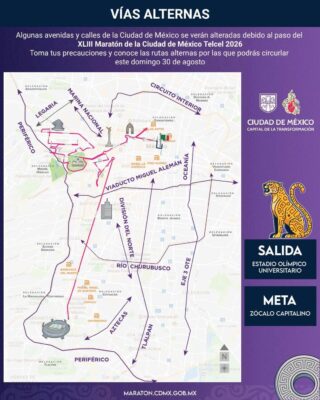 La salida del maratón será en Av. Insurgentes frente al Estadio Olímpico Universitario, en la alcaldía Coyoacán.