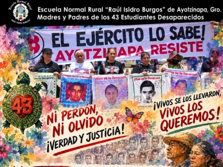 Cartel sobre la jornada de actividades por los 12 años de la desaparición de los 43 normalistas de Ayotzinapa. AMEXI Imagen Especial