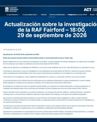 Comunicado de la Policía Nacional Antiterrorismo del Reino Unido 