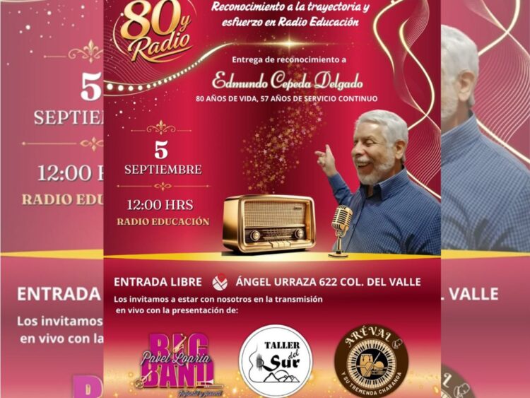 Edmundo Cepeda Delgado, productor decano de Radio Educación, durante el homenaje por sus 80 años y 57 de trayectoria en la radio pública mexicana.