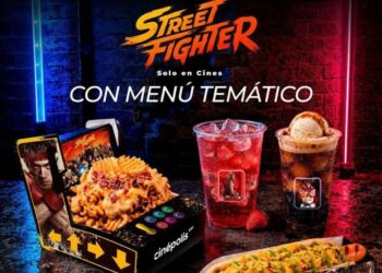 Menú temático de Street Fighter de Cinépolis VIP con platillos, postre y bebidas inspirados en la popular franquicia de videojuegos.