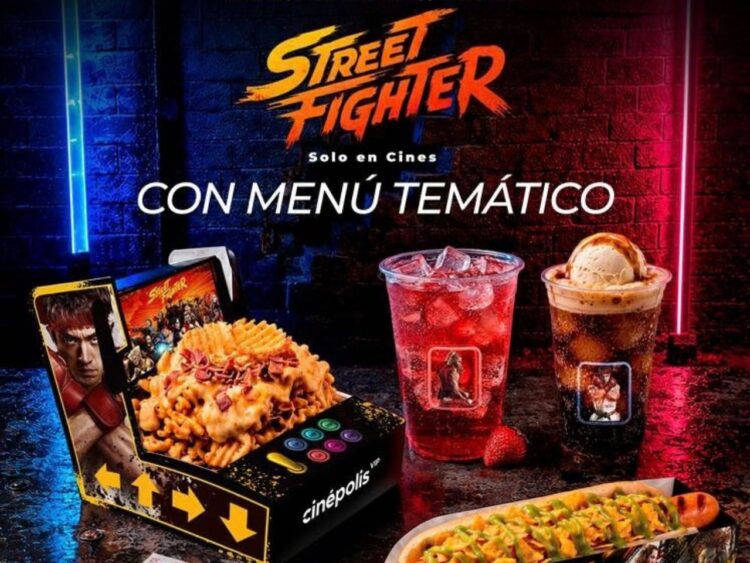 Menú temático de Street Fighter de Cinépolis VIP con platillos, postre y bebidas inspirados en la popular franquicia de videojuegos.