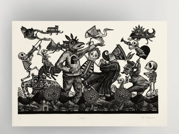 Eduardo Robledo presenta 30 obras en el Cenart, donde explora la muerte, el amor y la cultura popular mexicana a través de la gráfica. | AMEXI/FOTO: IG @eduardorobledomx