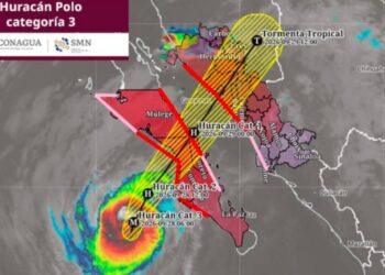 El huracán Polo mantiene en alerta a Baja California Sur con lluvias torrenciales, vientos de hasta 240 km/h y oleaje de hasta 10 metros. | AMEXI/FOTO: X @conagua_clima