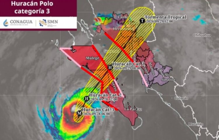 El huracán Polo mantiene en alerta a Baja California Sur con lluvias torrenciales, vientos de hasta 240 km/h y oleaje de hasta 10 metros. | AMEXI/FOTO: X @conagua_clima