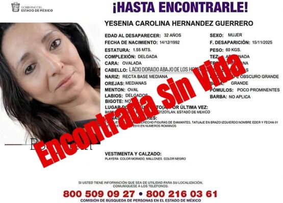La ficha Odisea de Yessenia Carolina precisa que fue vista por última vez el 15 de noviembre de 2025