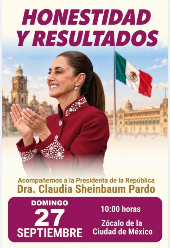 Claudia Sheinbaum cerrará su gira de presentación de su Segundo Informe de Gobierno en el Zócalo capitalino. AMEXI/Imagen: Gobierno de México