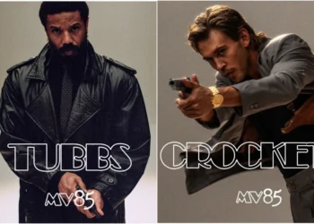 Michael B. Jordan y Austin Butler caracterizados como los detectives Ricardo Tubbs y Sonny Crockett durante el rodaje de Miami Vice '85, película dirigida por Joseph Kosinski y prevista para estrenarse en mayo de 2028.