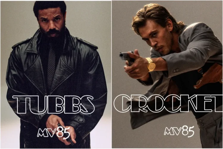 Michael B. Jordan y Austin Butler caracterizados como los detectives Ricardo Tubbs y Sonny Crockett durante el rodaje de Miami Vice '85, película dirigida por Joseph Kosinski y prevista para estrenarse en mayo de 2028.