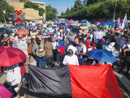 Trabajadores del IMSS, marchan con bandera de huelga, aún cuando hay posiciones que consideran que la huelga en este moometno de su lucha, los charros son los que impulsan la huelga
