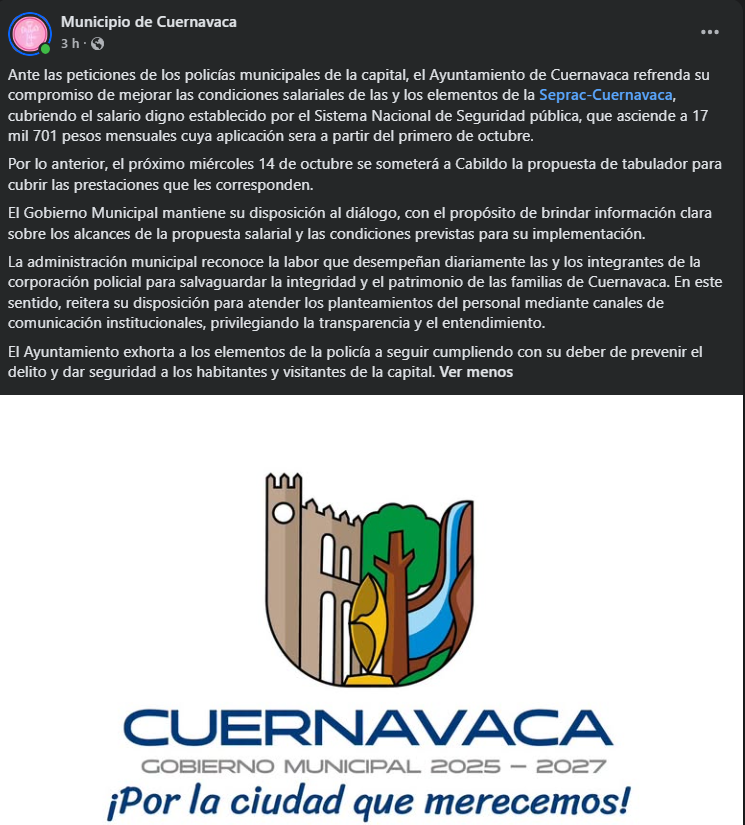 Ayuntamiento promete incremento retroactivo al 1 de octubre. AMEXI/Foto: Municipio de Cuernavaca