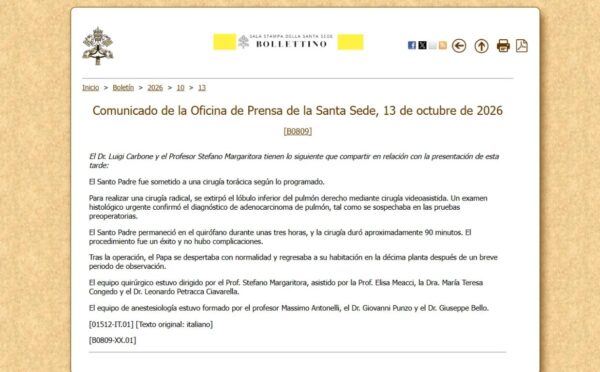 En un comunicado, la Santa Sede confirmó que al Papa León XIV le extirparon un lóbulo del pulmón derecho