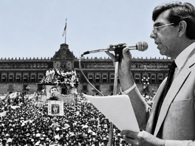 Cuauhtémoc Cárdenas pronuncia un discurso ante una multitud reunida frente al Palacio Nacional, en el Centro Histórico de la Ciudad de México.