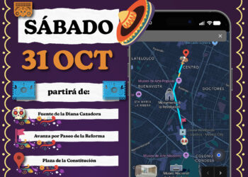 Infografía con la ruta del Gran Desfile de Día de Muertos 2026 en la Ciudad de México, desde la Glorieta de la Diana Cazadora hasta el Zócalo, pasando por Paseo de la Reforma y el Centro Histórico.