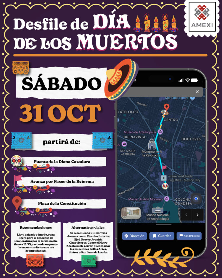 Infografía con la ruta del Gran Desfile de Día de Muertos 2026 en la Ciudad de México, desde la Glorieta de la Diana Cazadora hasta el Zócalo, pasando por Paseo de la Reforma y el Centro Histórico.