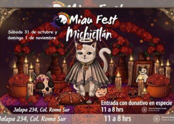 Cartel de Miau Fest Encantado & Michictlán 2026, festival dedicado a los gatos que se realizará el 31 de octubre y 1 de noviembre en Huerto Roma Verde, Ciudad de México.