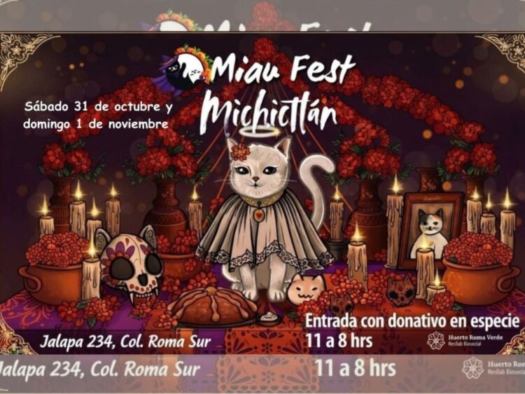 Cartel de Miau Fest Encantado & Michictlán 2026, festival dedicado a los gatos que se realizará el 31 de octubre y 1 de noviembre en Huerto Roma Verde, Ciudad de México.