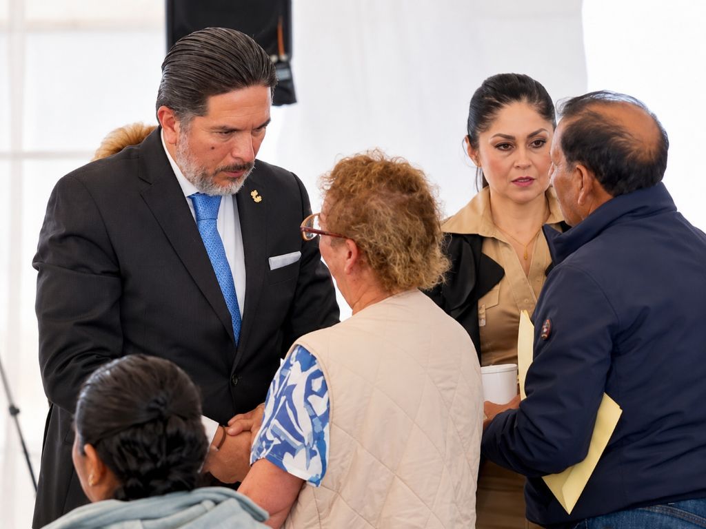 En Breves de los Estados del 26 de octubre, funcionario de la Fiscalía mexiquense conversa con una mujer durante un encuentro con familiares de víctimas de feminicidio en el Estado de México.