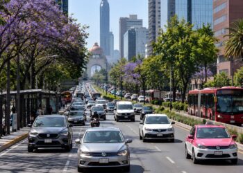 Hoy No Circula 24 de octubre: avenida transitada de la Ciudad de México, con automóviles, taxis, autobuses y árboles.