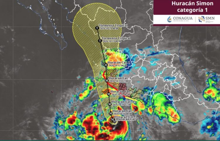 Mapa de la trayectoria del huracán Simon en el océano Pacífico, con su desplazamiento previsto frente a las costas de México.