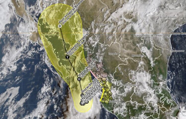 Mapa de la trayectoria pronosticada del huracán Simón, categoría 1, frente a las costas de Jalisco y Nayarit.