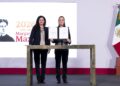 Luisa María Alcalde y la presidenta Claudia Sheinbaum. Firma del decreto contra doble nacionalidad. 7 octubre 2026.