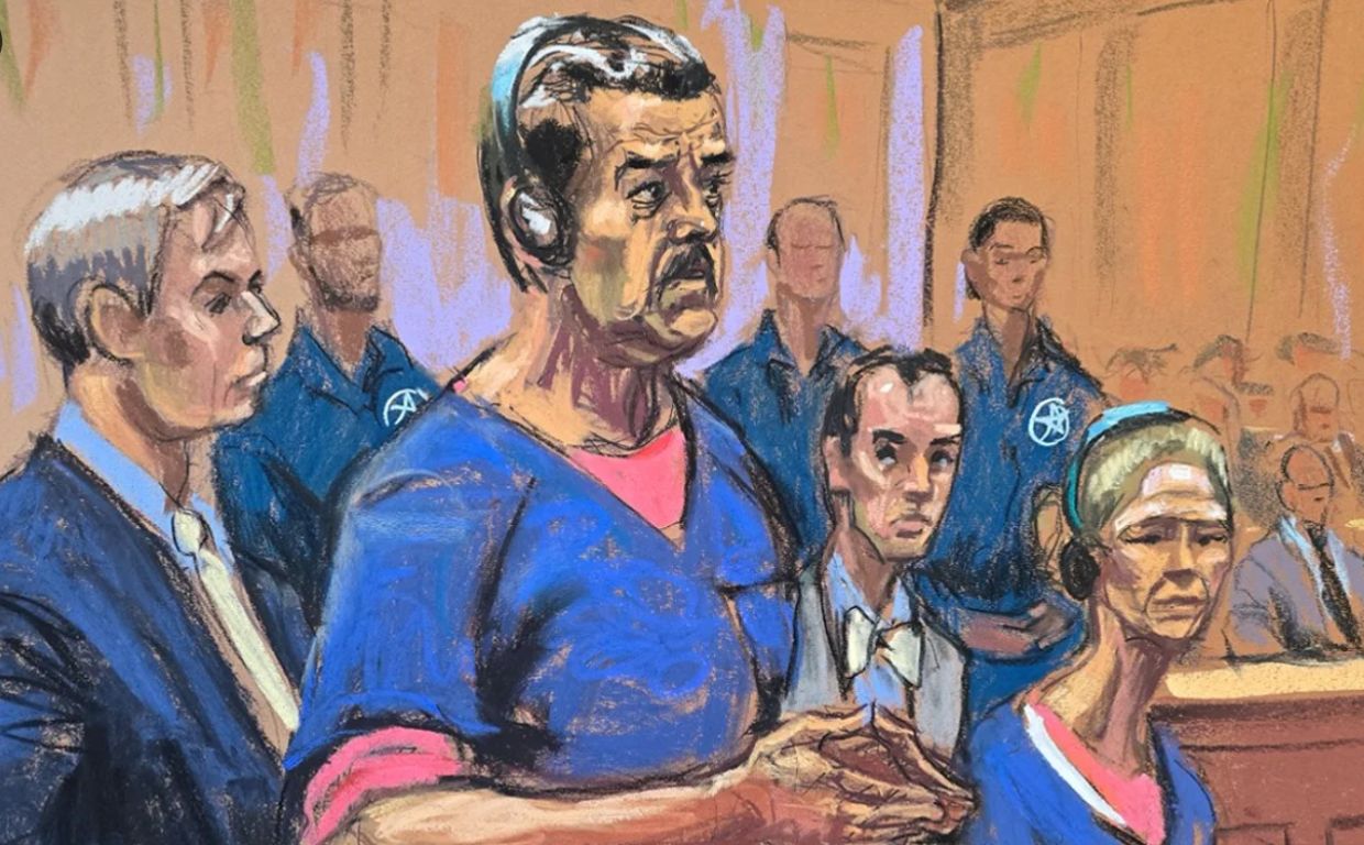 Dibujo de Nicolás Maduro y Cilia Flores en un tribunal.