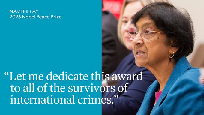 Nobel de la Paz 2026: Navi Pillay, la jueza que exige rendición de cuentas. AMEXI/Foto: @NobelPrize