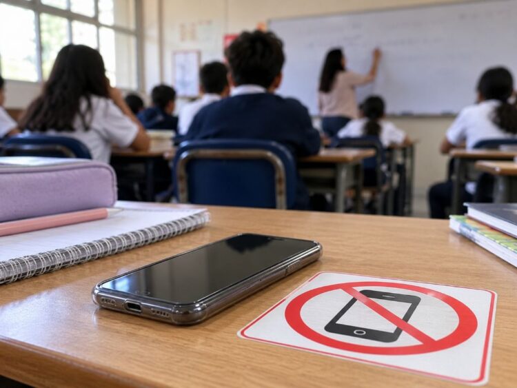 Regulación de celulares en escuelas: teléfono móvil sobre un pupitre con señal de uso restringido durante una clase.