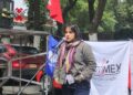Samantha Fouilloux, denunció acoso por parte de las autoridades de la UNRC, en el marco del mitin que realizaron integrantes de la UNT y NCT frente al campus Casco de Santo Tomás