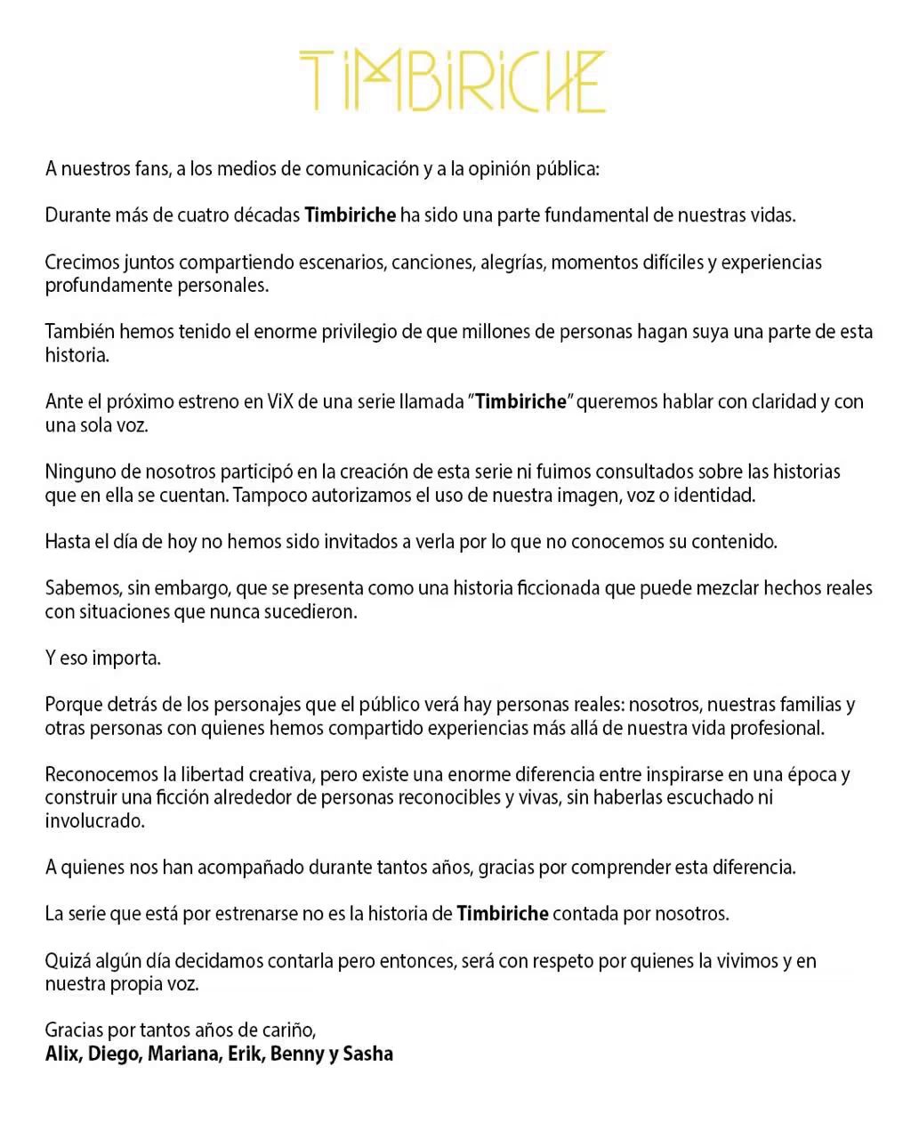 Comunicado de los integrantes de Timbiriche sobre la serie de ViX