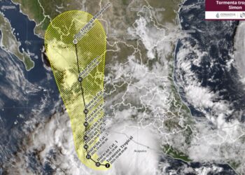 Trayectoria pronosticada de la tormenta tropical Simon frente a las costas de México