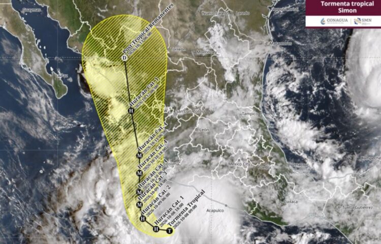Trayectoria pronosticada de la tormenta tropical Simon frente a las costas de México
